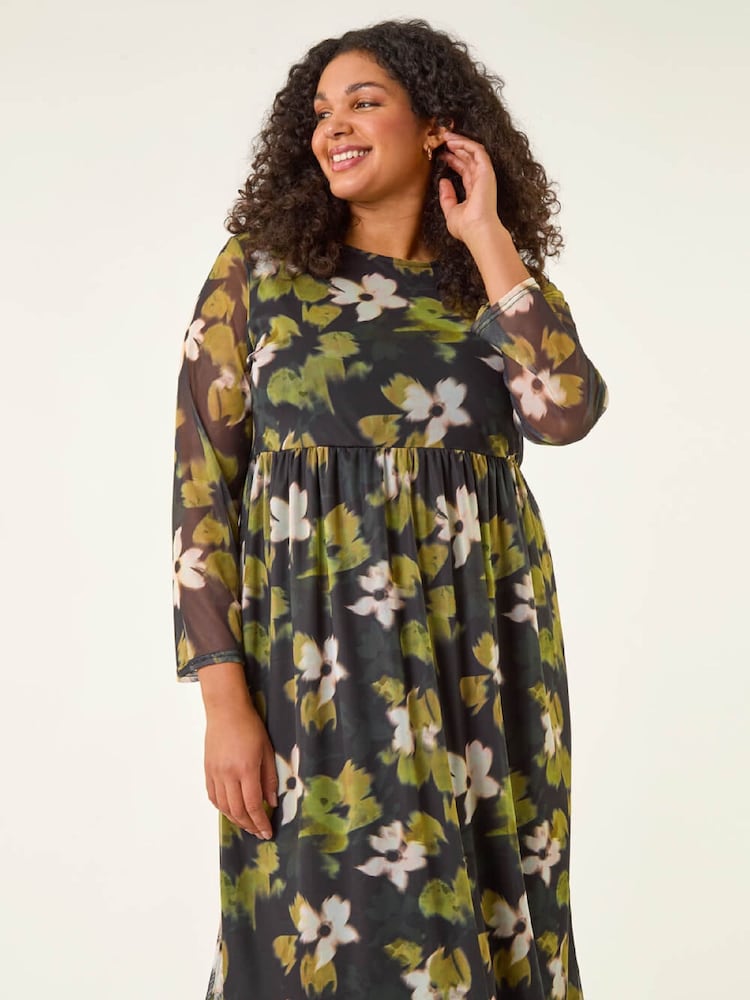 Roman Green Curve Floral Print Mesh Midi Dress - Image 2 of 5