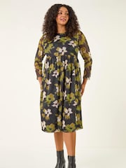 Roman Green Curve Floral Print Mesh Midi Dress - Image 3 of 5