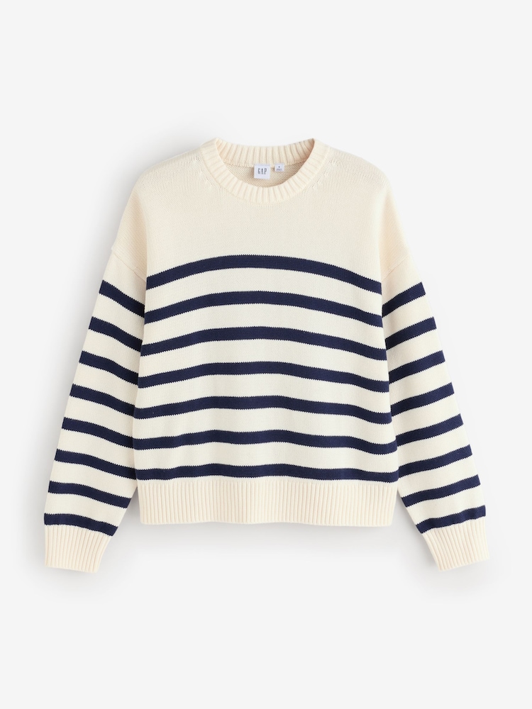 Gap White/Navy Stripe Relaxed Crew Neck Jumper - Image 1 of 5 Gap White/Navy Stripe Relaxed Crew Neck Jumper - Image 1 of 5