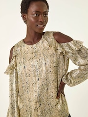 Roman Natural Snake Print Frill Cold Shoulder Top - Image 2 of 5