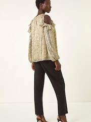 Roman Natural Snake Print Frill Cold Shoulder Top - Image 3 of 5