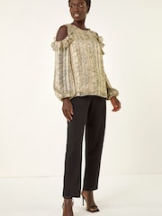 Roman Natural Snake Print Frill Cold Shoulder Top - Image 4 of 5