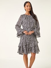 Roman Black Petite Abstract Print Frill Dress - Image 1 of 5