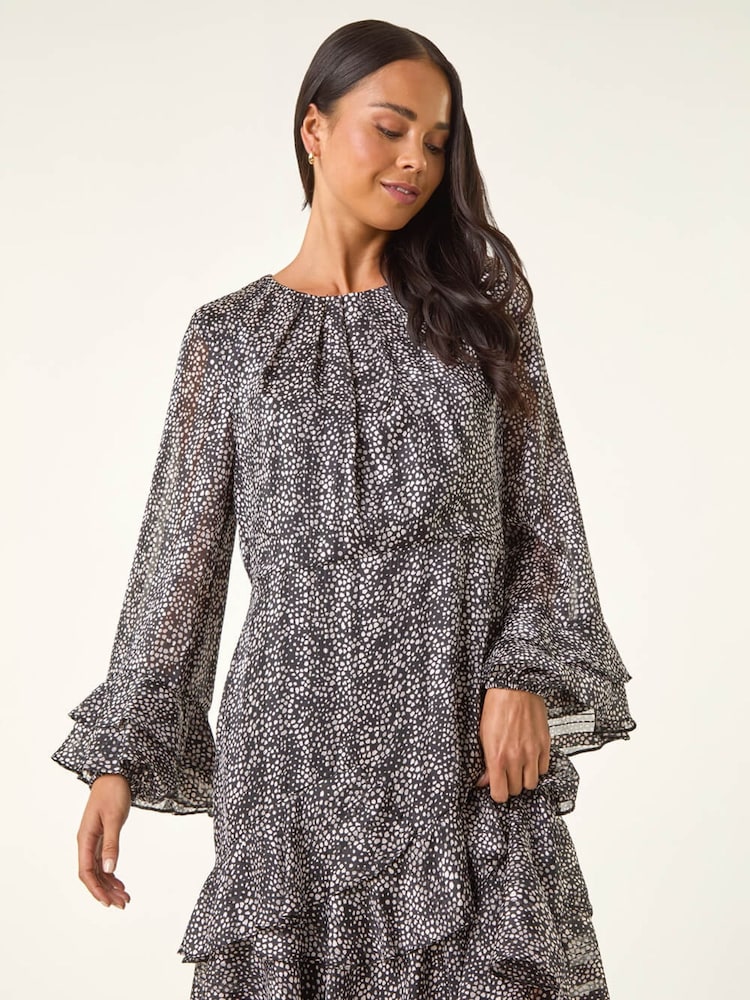 Roman Black Petite Abstract Print Frill Dress - Image 2 of 5