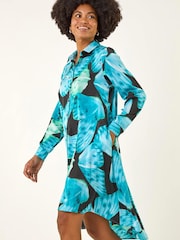Roman Blue Abstract Print High Low Shirt Dress - Image 3 of 5