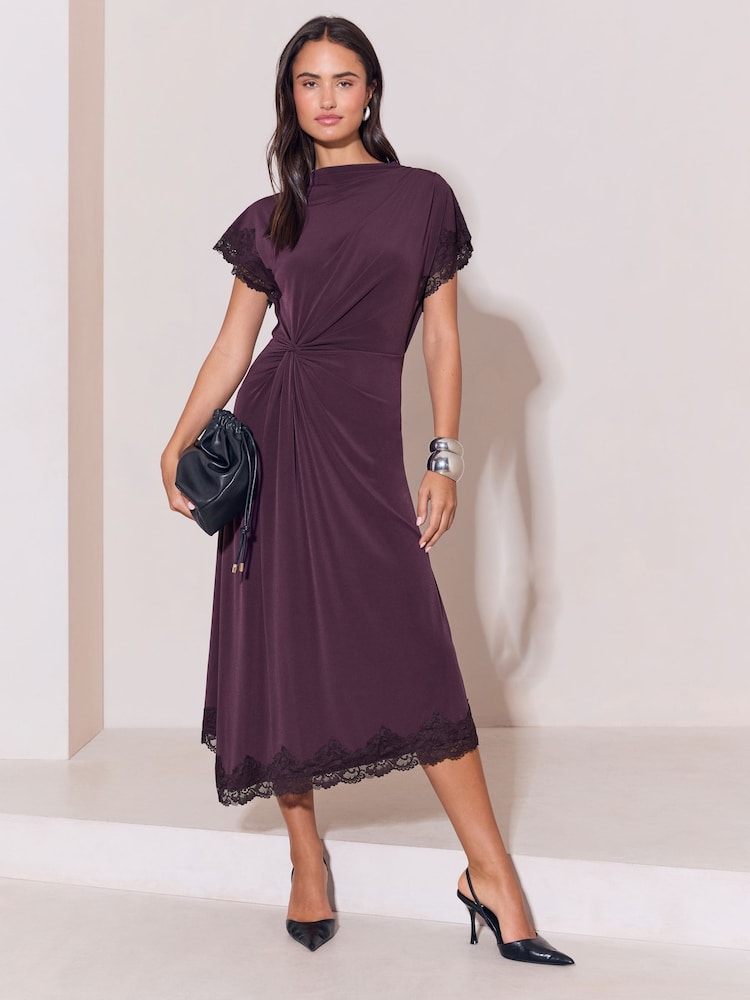 Lipsy Burgundy Red Knot Side Drape Lace Asymmetric Midi Dress - Image 1 of 6