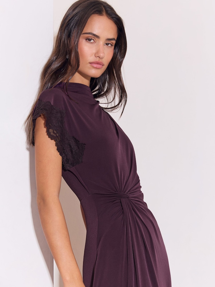 Lipsy Burgundy Red Knot Side Drape Lace Asymmetric Midi Dress - Image 2 of 6