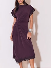Lipsy Burgundy Red Knot Side Drape Lace Asymmetric Midi Dress - Image 3 of 6