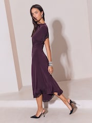 Lipsy Burgundy Red Knot Side Drape Lace Asymmetric Midi Dress - Image 4 of 6