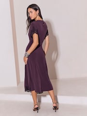 Lipsy Burgundy Red Knot Side Drape Lace Asymmetric Midi Dress - Image 5 of 6