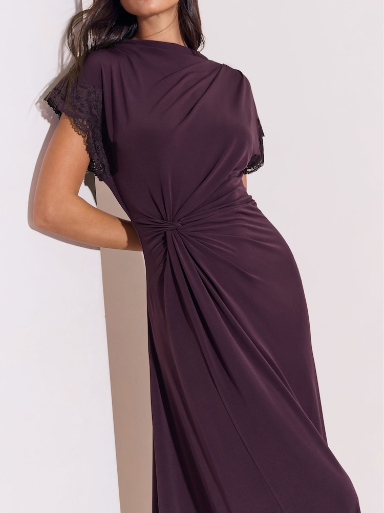 Lipsy Burgundy Red Knot Side Drape Lace Asymmetric Midi Dress - Image 6 of 6