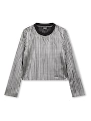 DKNY Silver Metalic Plisse Long Sleeve Top - Image 2 of 4