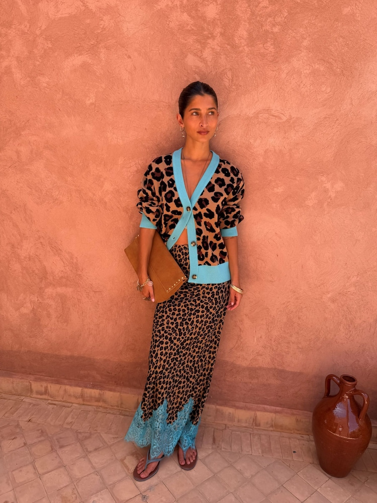 Never Fully Dressed Brown Cardigan in Leopard Jacquard - Image 1 of 4 Never Fully Dressed Brown Cardigan in Leopard Jacquard - Image 1 of 4