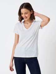 Crew Clothing White Perfect V-Neck Slub White 100% Cotton T-Shirt - Image 1 of 5