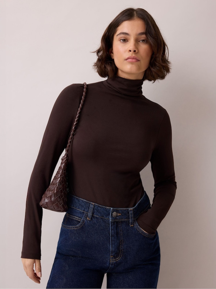 Ro&Zo Brown Cotton Blend Roll Neck Top - Image 1 of 4