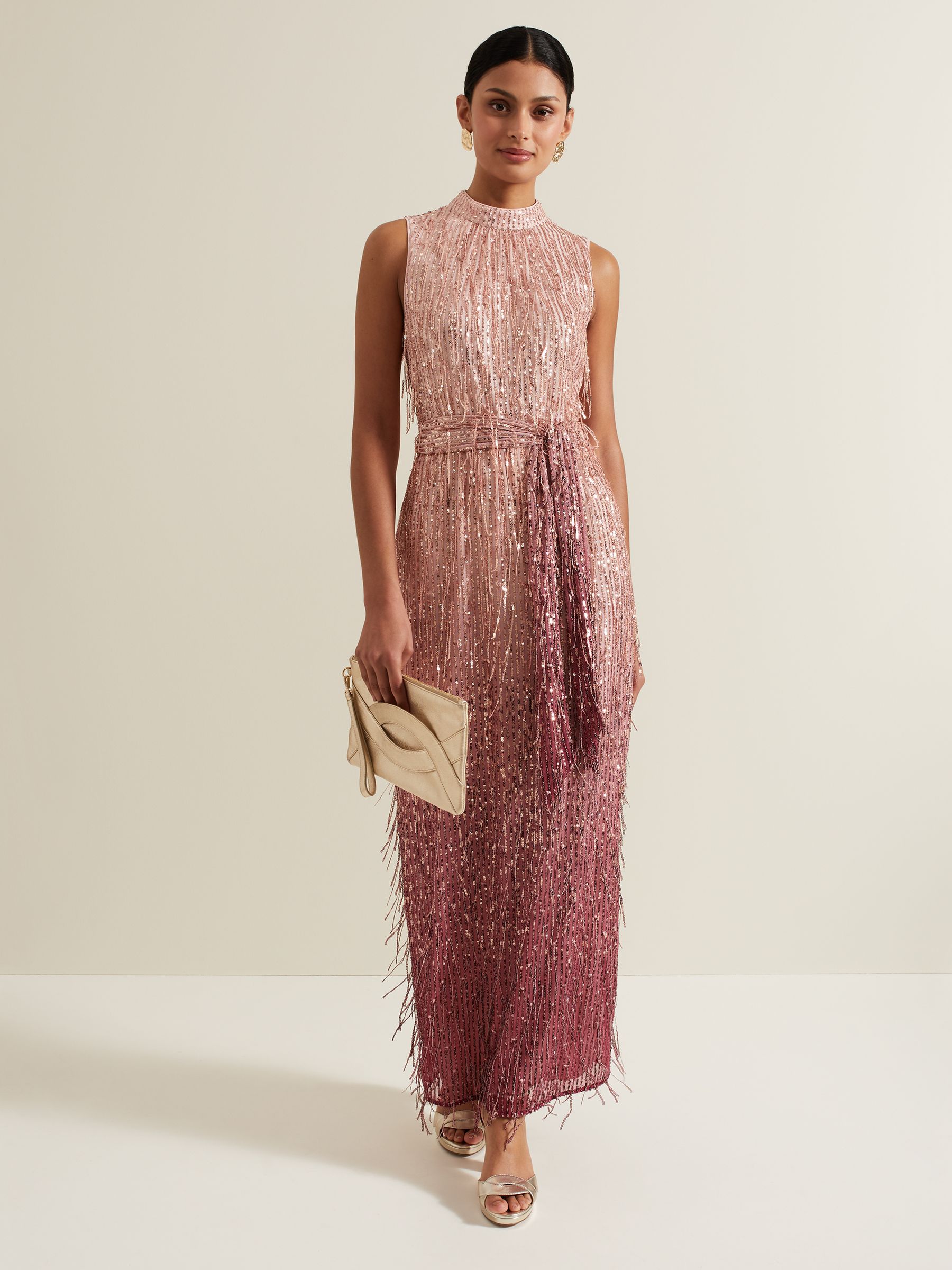 【PHASE EIGHT】Clover Sequin Fringe Maxi Dress Sequin Maxi Dress with Long Sleeves & Wrap Around Bodice