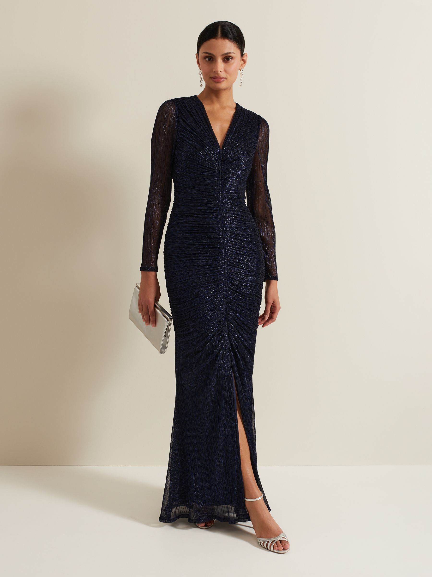 Buy Phase Eight Blue Shannia Ruched Shimmer Maxi Dress from
