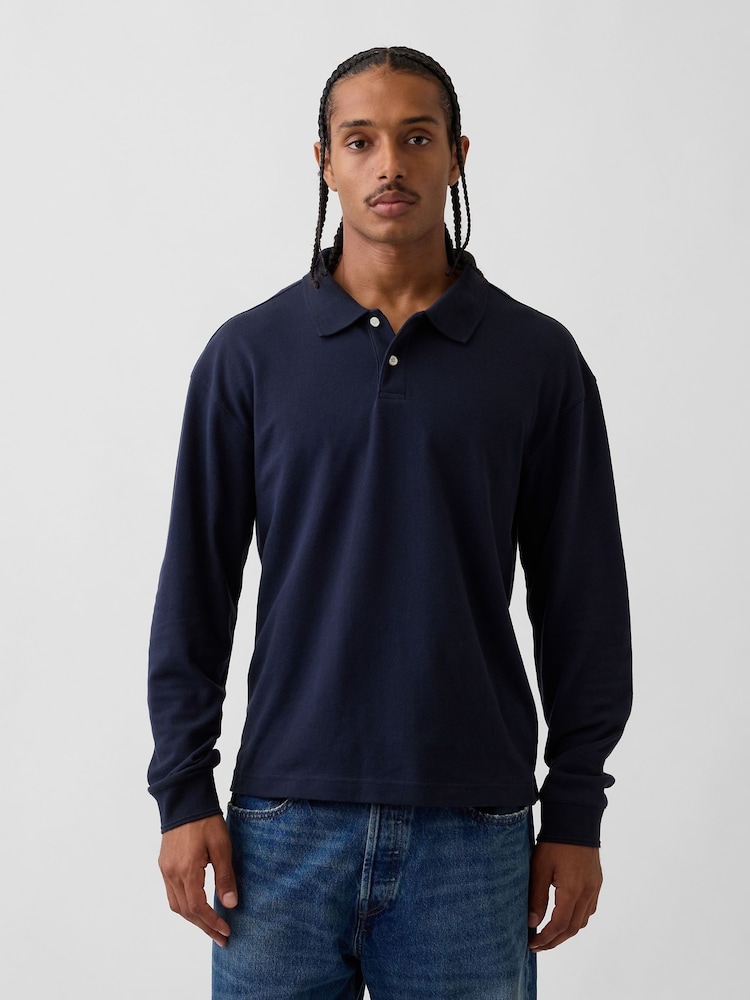 Gap Navy Oversized Pique Polo Shirt - Image 1 of 3 Gap Navy Oversized Pique Polo Shirt - Image 1 of 3