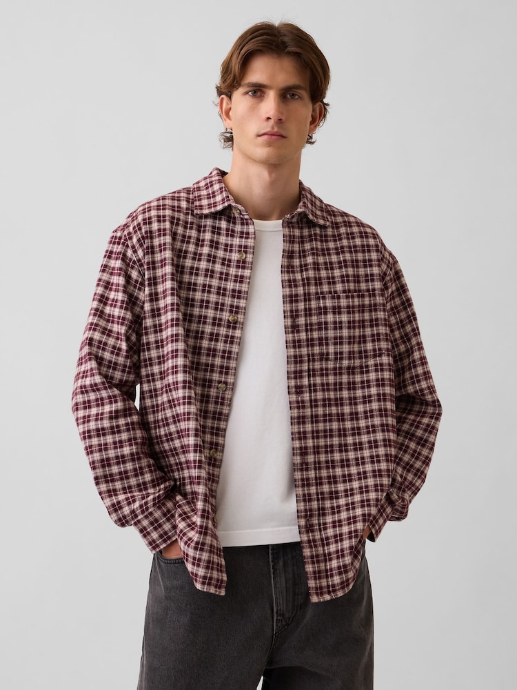 Gap Burgundy Check Relaxed Flannel Shirt - Image 1 of 4 Gap Burgundy Check Relaxed Flannel Shirt - Image 1 of 4