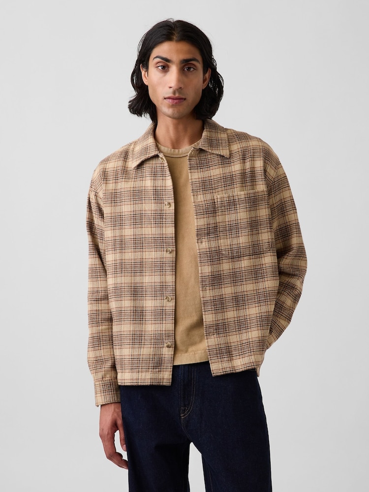 Gap Brown Check Relaxed Straight-Hem Flannel Shirt - Image 1 of 4 Gap Brown Check Relaxed Straight-Hem Flannel Shirt - Image 1 of 4