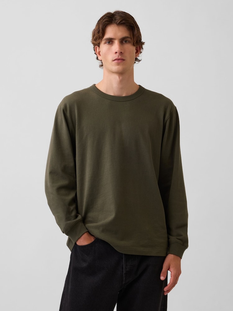 Gap Khaki Green Heavyweight Relaxed Long Sleeve T-Shirt - Image 1 of 4 Gap Khaki Green Heavyweight Relaxed Long Sleeve T-Shirt - Image 1 of 4
