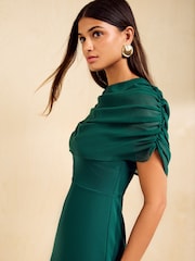 Friends Like These Bottle Green Draped Overlay Chiffon Cape Midi Dress - Image 2 of 6