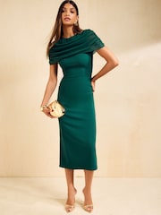 Friends Like These Bottle Green Draped Overlay Chiffon Cape Midi Dress - Image 3 of 6