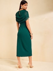 Friends Like These Bottle Green Draped Overlay Chiffon Cape Midi Dress - Image 5 of 6