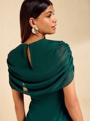 Friends Like These Bottle Green Draped Overlay Chiffon Cape Midi Dress - Image 6 of 6