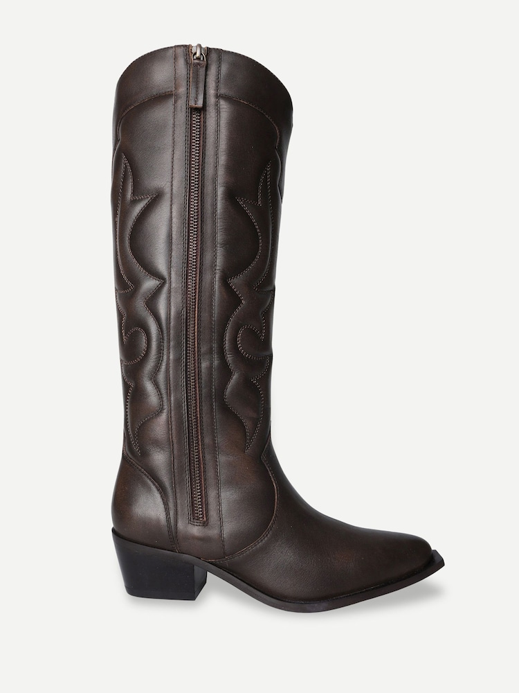Off The Hook Brown Vega Leather Western Knee High Boots With Cuban Heels - Image 1 of 6 Off The Hook Brown Vega Leather Western Knee High Boots With Cuban Heels - Image 1 of 6