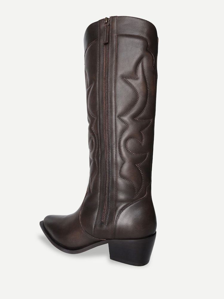 Off The Hook Brown Vega Leather Western Knee High Boots With Cuban Heels - Image 2 of 6 Off The Hook Brown Vega Leather Western Knee High Boots With Cuban Heels - Image 2 of 6