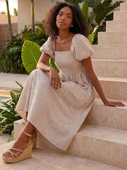 Roman Brown Stripe Puff Sleeve Midi Dress - Image 1 of 4