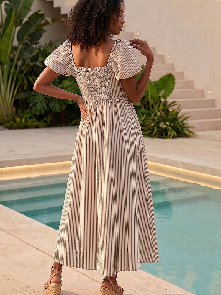 Roman Brown Stripe Puff Sleeve Midi Dress - Image 2 of 4 Roman Brown Stripe Puff Sleeve Midi Dress - Image 2 of 4