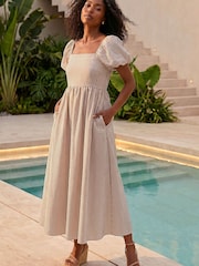 Roman Brown Stripe Puff Sleeve Midi Dress - Image 3 of 4