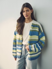 Green Stripe Soft Touch Fuzzy Knitted Cardigan - Image 1 of 1