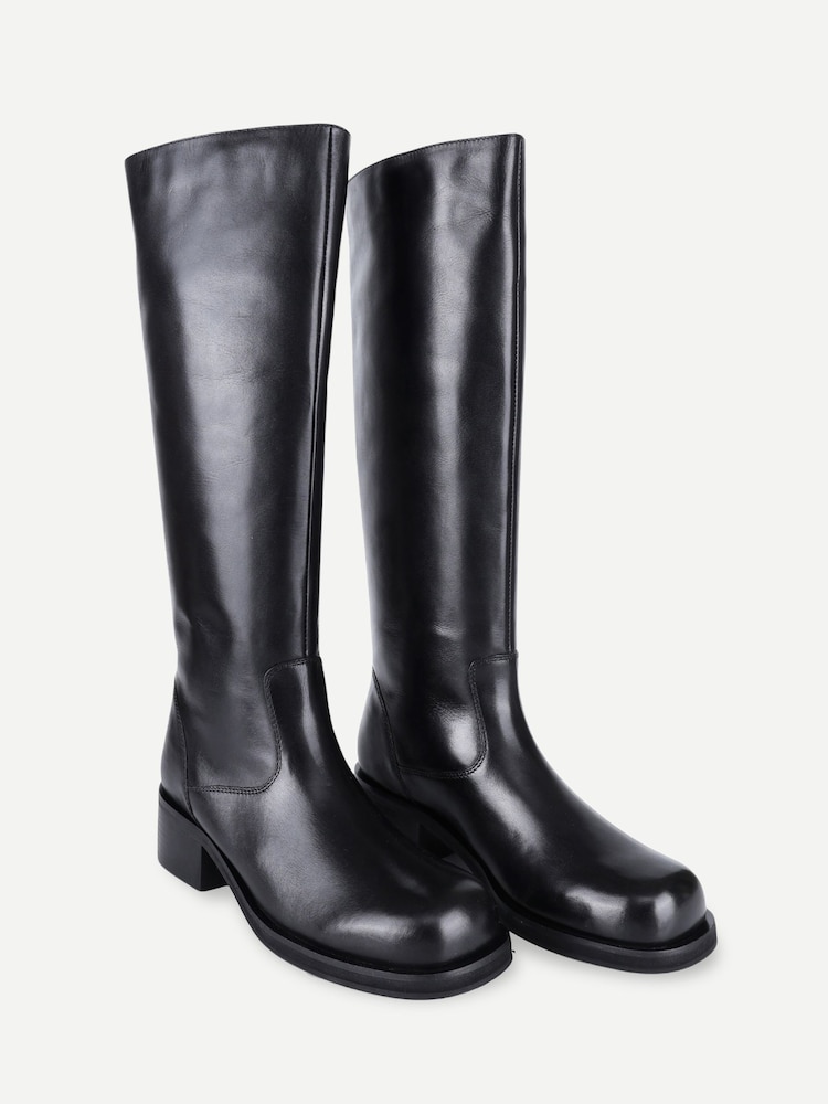 Off The Hook Black Helia Leather Knee High Block Heel Boots - Image 1 of 6 Off The Hook Black Helia Leather Knee High Block Heel Boots - Image 1 of 6