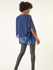 Roman Blue Sequin Hem Contrast Tunic Top - Image 3 of 6
