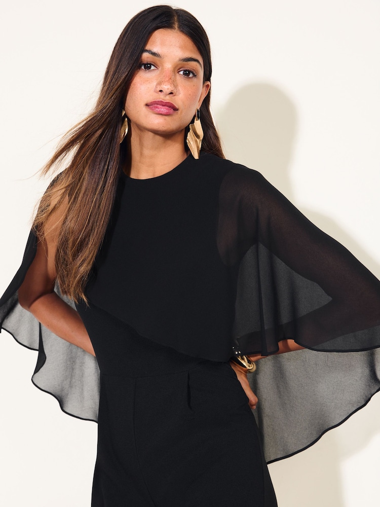 Friends Like These Black Asymmetric Cape Sleeve Jumpsuit - Image 2 of 6