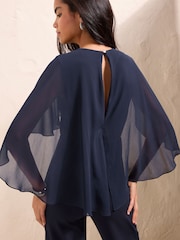 Friends Like These Navy Blue Petite Asymmetric Cape Sleeve Jumpsuit - Image 2 of 5