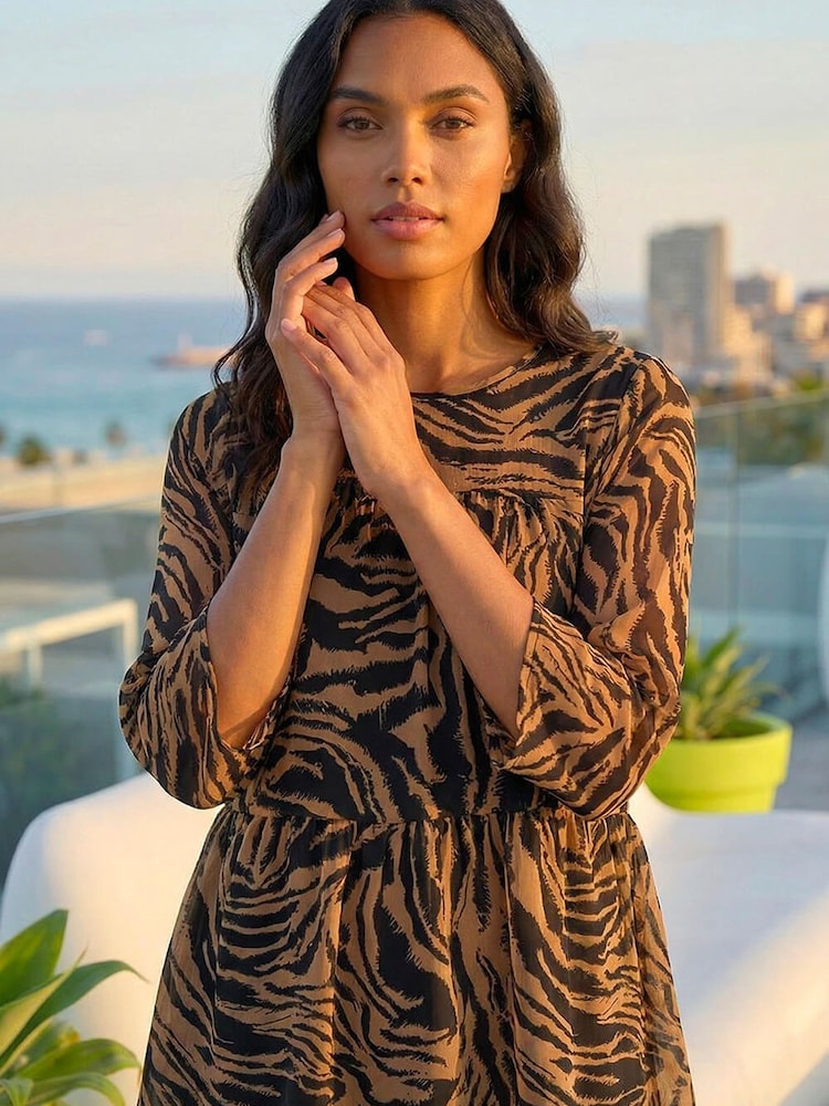 Roman Brown Animal Print Tiered Top - Image 1 of 6 Roman Brown Animal Print Tiered Top - Image 1 of 6