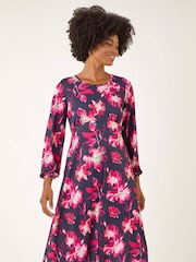 Roman Pink Floral Fit & Flare Midi Dress - Image 3 of 5