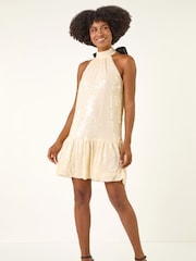 Roman Natural Sequin Bow Back Dress - Image 1 of 5