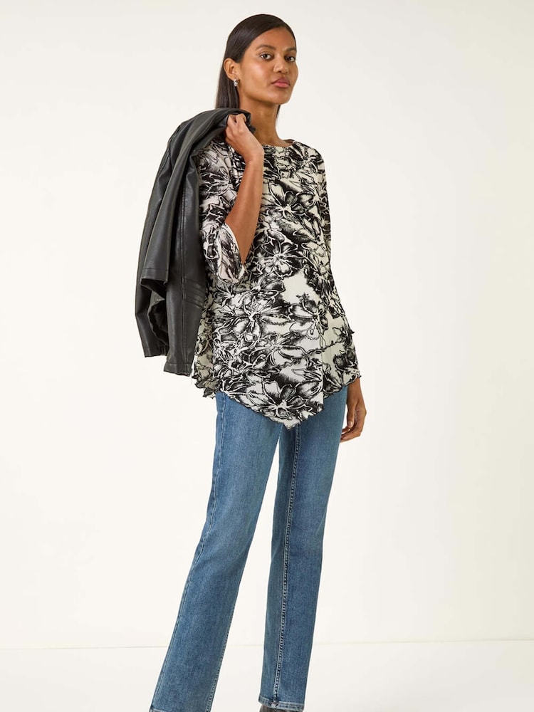 Roman Black Flock Floral Asymmetric Hem Top - Image 2 of 5 Roman Black Flock Floral Asymmetric Hem Top - Image 2 of 5