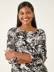 Roman Black Flock Floral Asymmetric Hem Top - Image 4 of 5