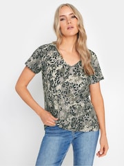 Long Tall Sally Grey 100% Cotton Camo Leopard V-Neck Top - Image 1 of 5