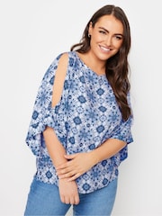 Yours Curve Blue Abstract Cold Shoulder Blouse - Image 1 of 4
