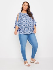 Yours Curve Blue Abstract Cold Shoulder Blouse - Image 2 of 4