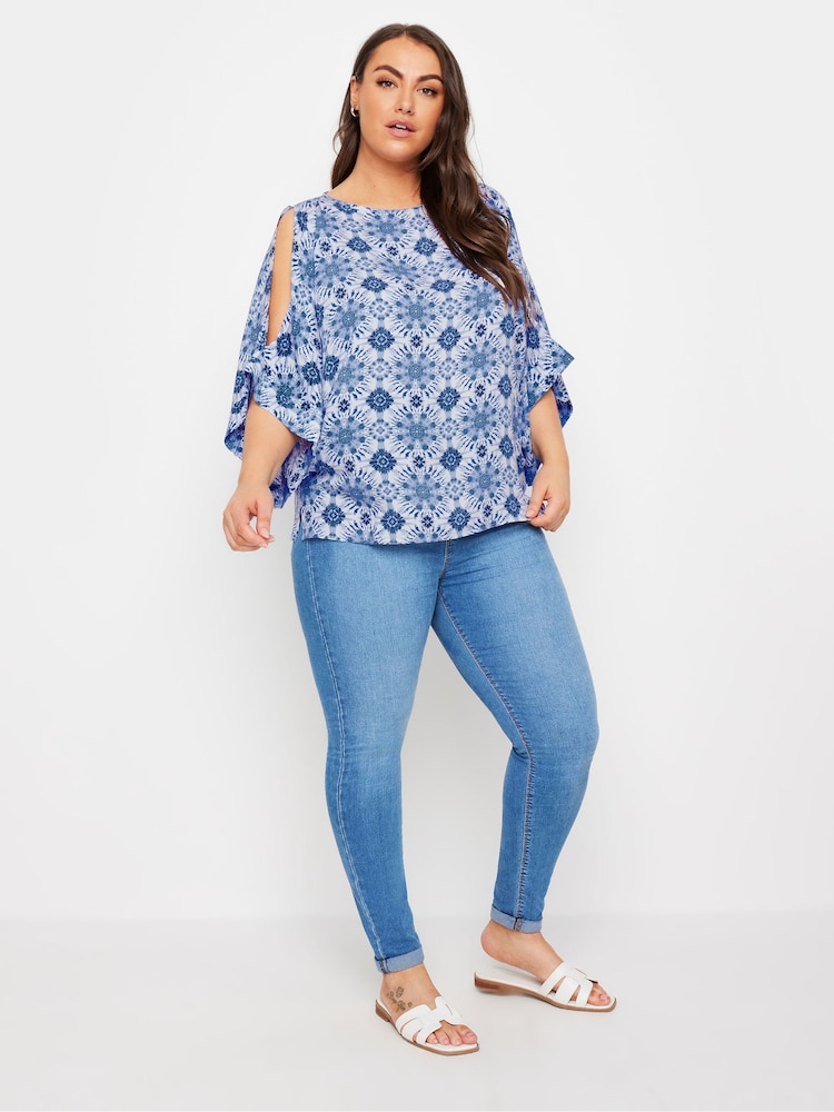 Yours Curve Blue Abstract Cold Shoulder Blouse - Image 2 of 4