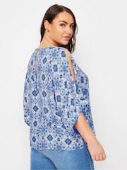 Yours Curve Blue Abstract Cold Shoulder Blouse - Image 3 of 4