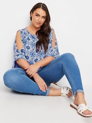 Yours Curve Blue Abstract Cold Shoulder Blouse - Image 4 of 4